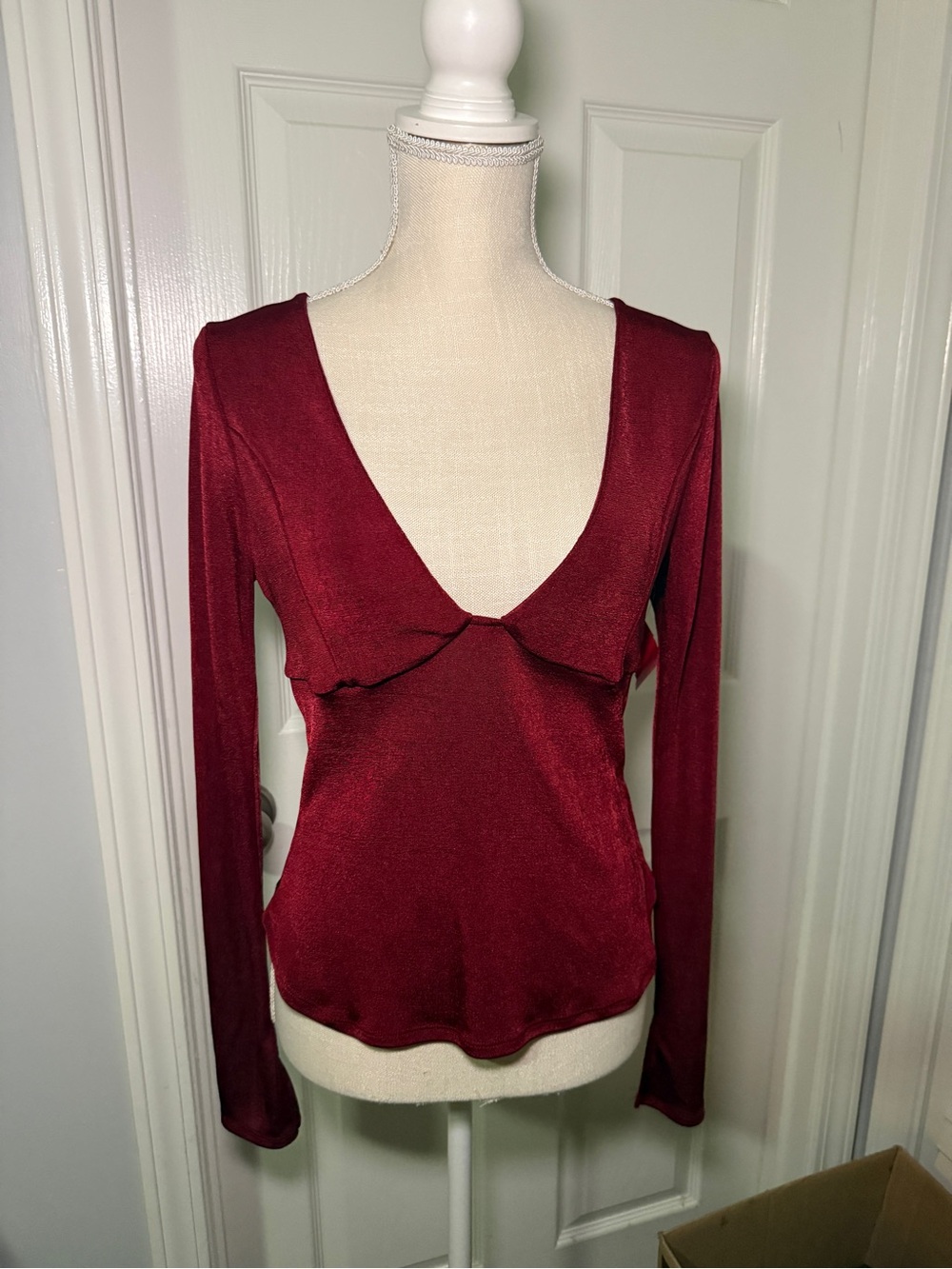 Free People Intimates Deep V-Neck Long Sleeve Top Burgundy Small